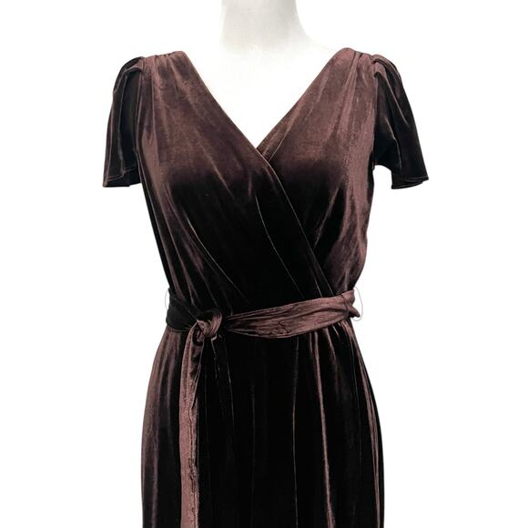 DKNY Women’s Brown Velvet Faux-Wrap Flutter-Sleeve Dress Midi Belted Womens 10 - Picture 4 of 12